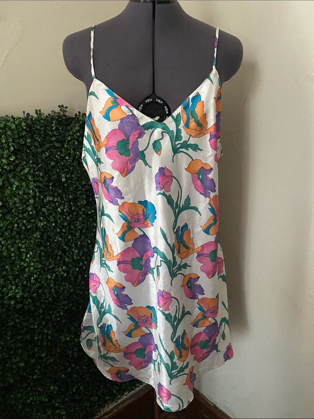 Floral Satin Camisole Slip Top - White with Pink, Purple & Orange Flowers
